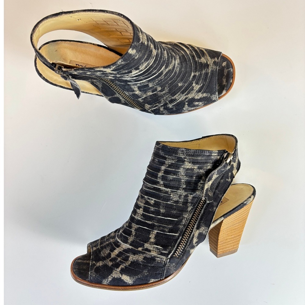 Paul Green Women's Peep Toe Ankle Booties Black Leopard Print Zip Block Heel 5